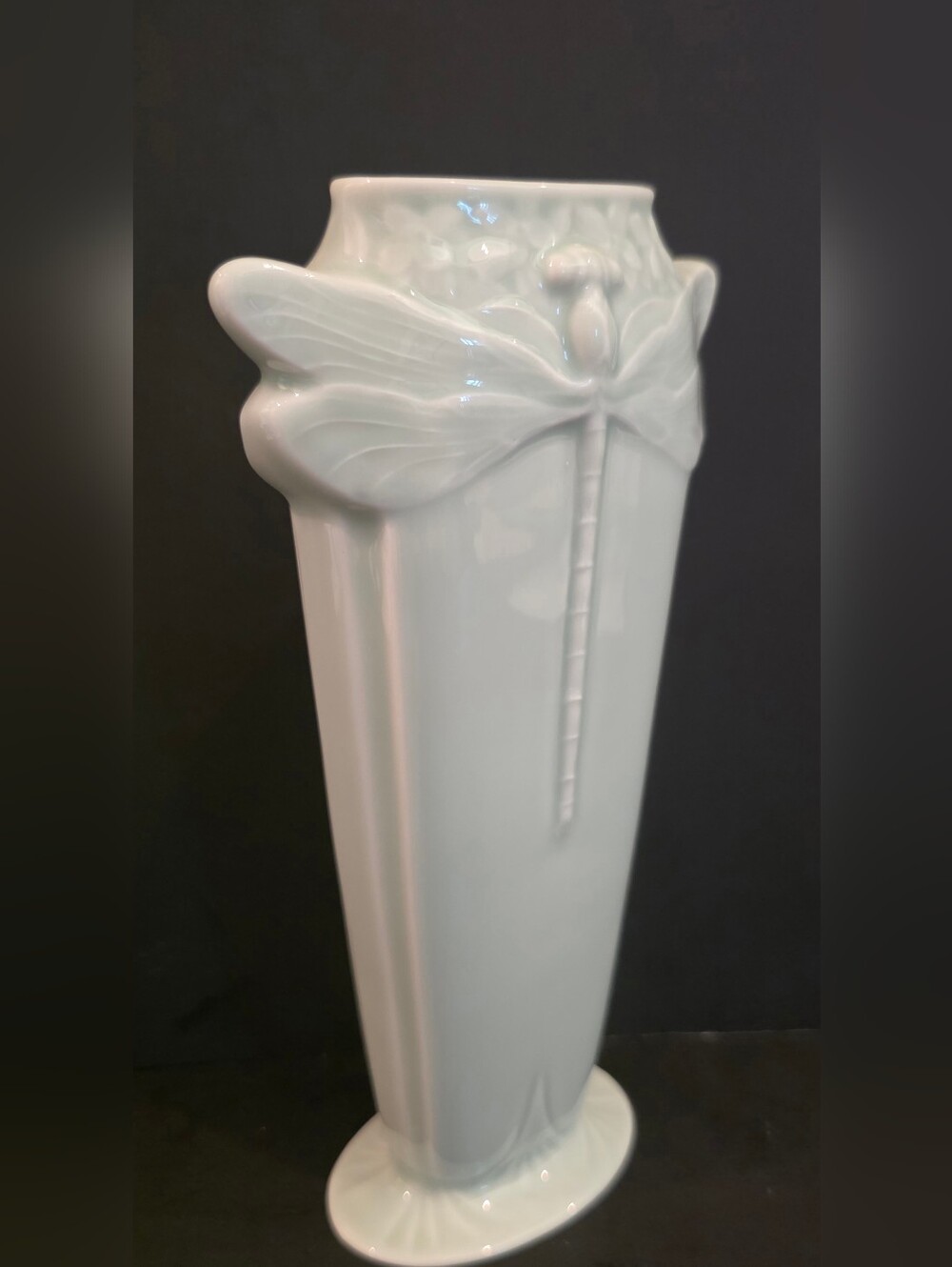 Vintage Christofle ' Libellule' Dragonfly 7" Celadon Porcelain Bud Vase France